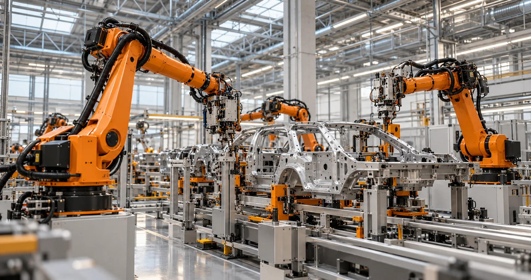 Bracci robotici in una linea produttiva industriale