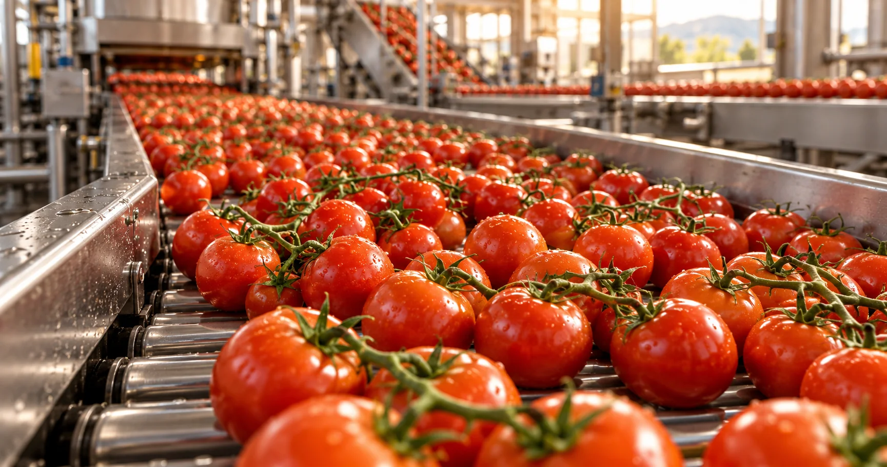 Pomodori freschi lungo una linea di produzione